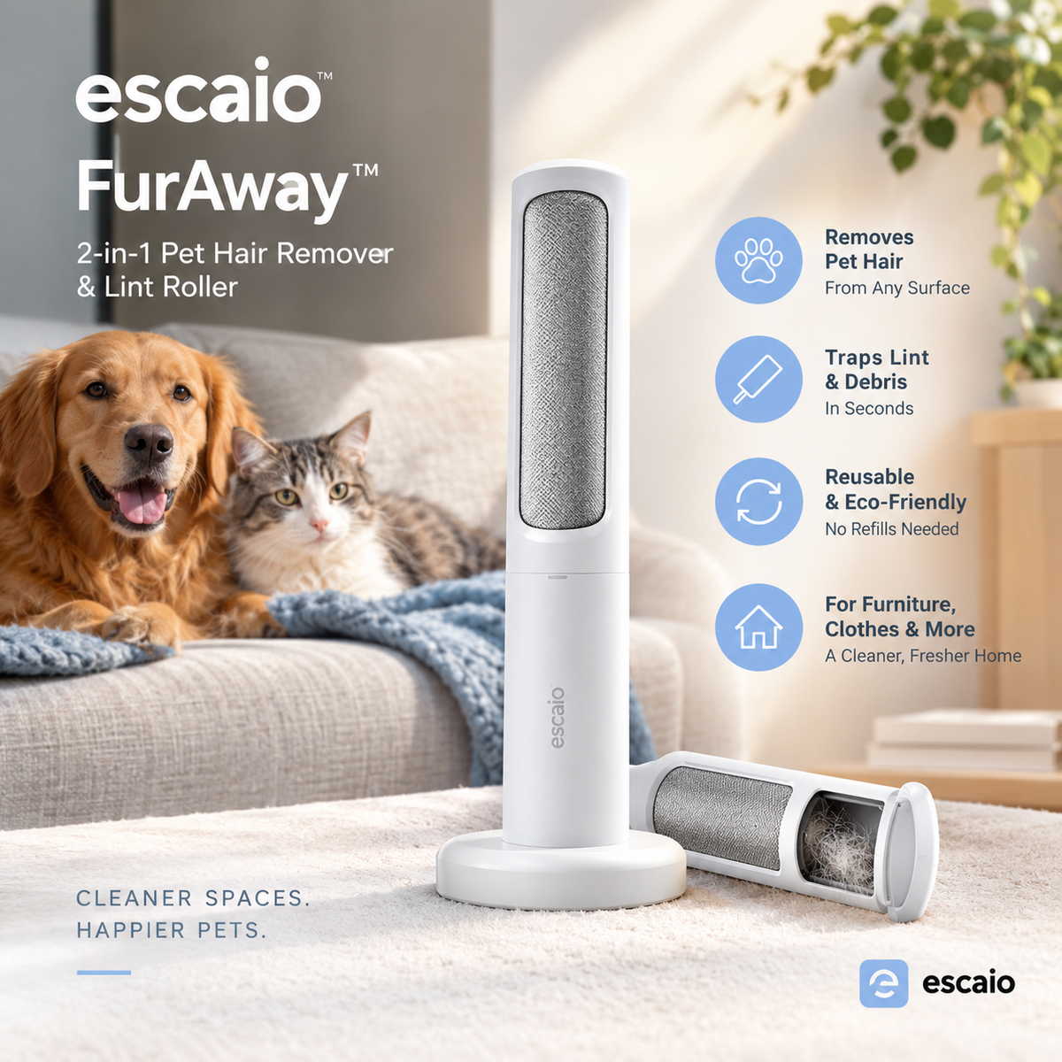 escaio FurAway™ — 2-in-1 Pet Hair Remover & Lint Roller